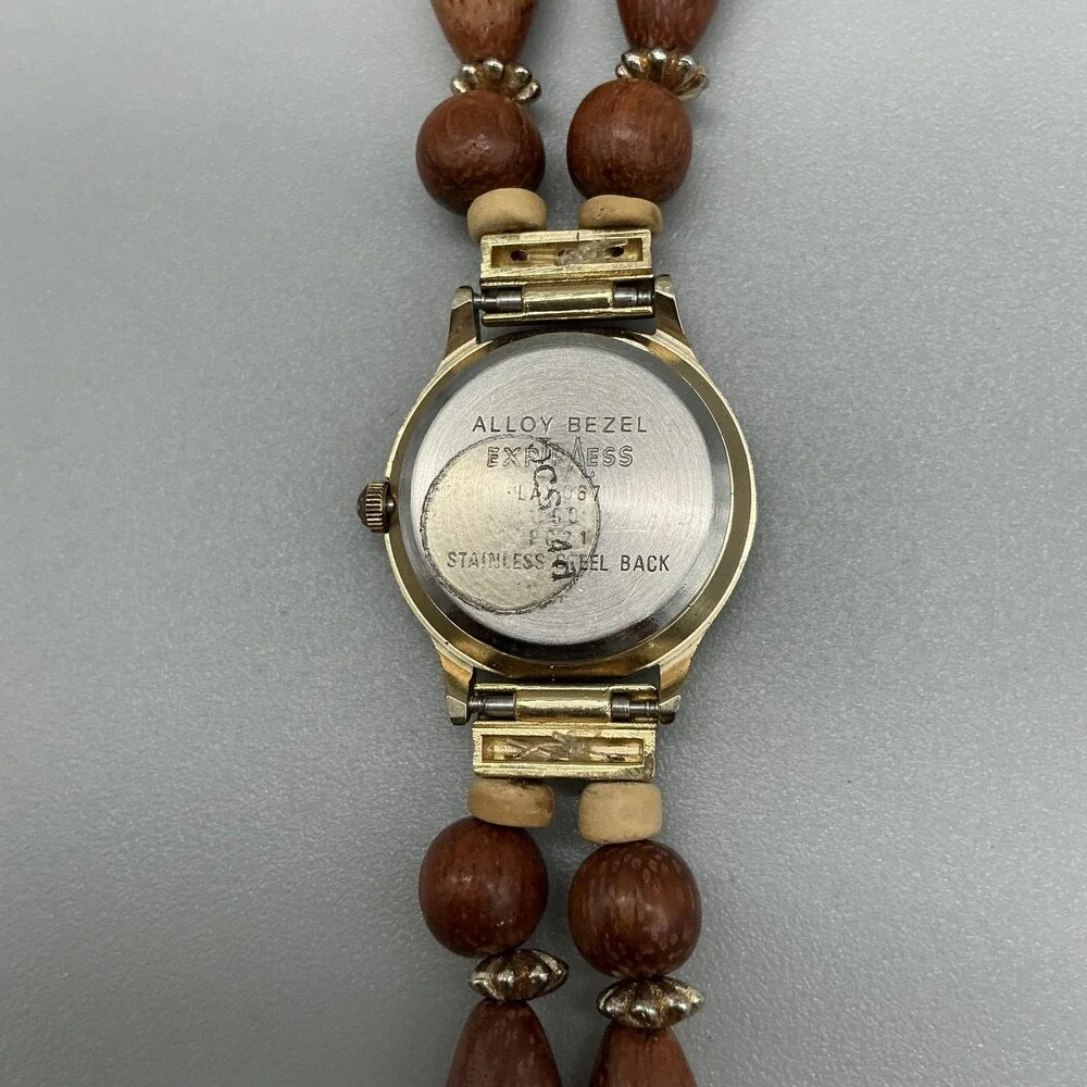 Express Womens Watch 24mm Brown Dial Wood Bead Bracelet New Battery